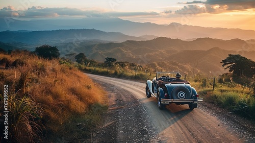 Vintage car aficionados embarking on a nostalgic road trip across scenic landscapes © Photock Agency
