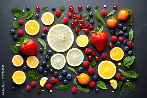various berries, fruits and vegetables on a dark background. products and food. view from above