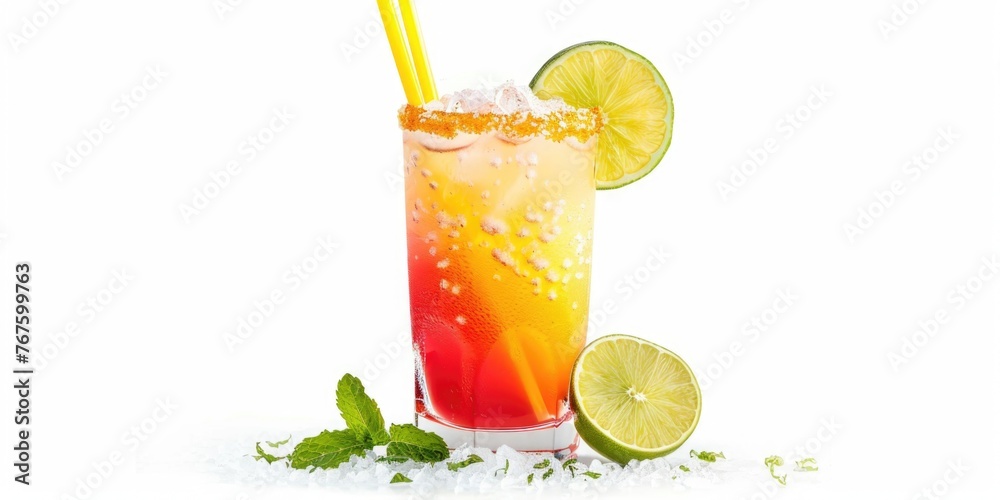 Fototapeta premium A glass of a colorful drink with a lime slice on the side. The drink is a mix of orange and pink, and it has a straw in it