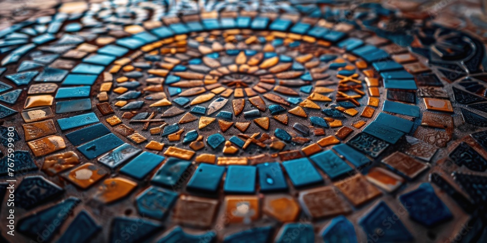 A mosaic tile floor with blue and orange tiles. The tiles are arranged in a circular pattern. The tiles are of different sizes and shapes, creating a visually interesting design