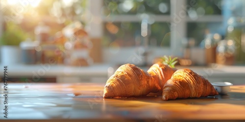 Three croissants on a wooden table. The croissants are golden brown and look fresh