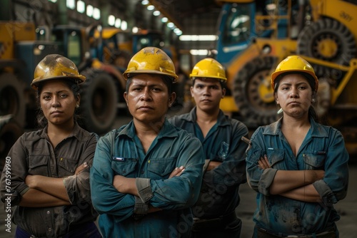 group portrait of construction workers with background of excavation machinery aigx04