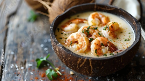 A bowl of shrimp soup with a bunch of parsley on the table. The bowl is made of coconut and the soup is creamy