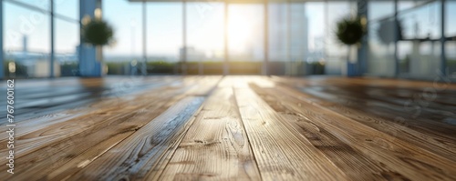 A wooden office table placed in a corporate conference room with sustainable and eco frindly office concept, copy space. photo