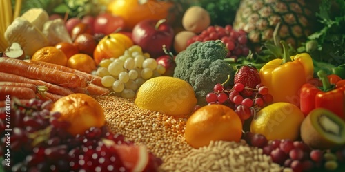A colorful assortment of fruits and vegetables  including oranges  apples  grapes  broccoli  and carrots