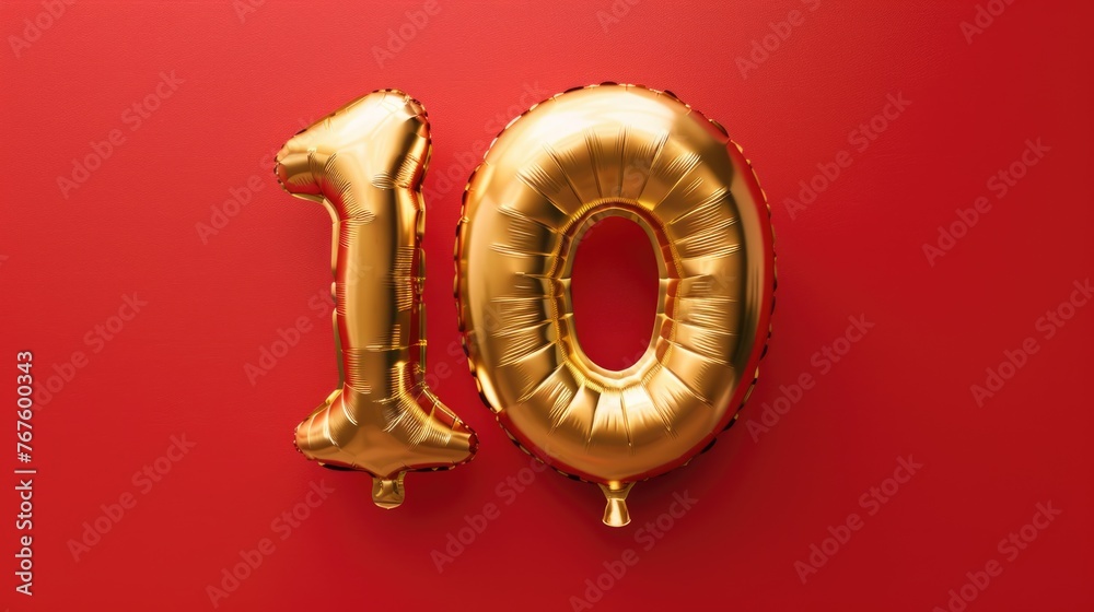 A pair of gold balloons with the number 10 on them. The balloons are on a red background