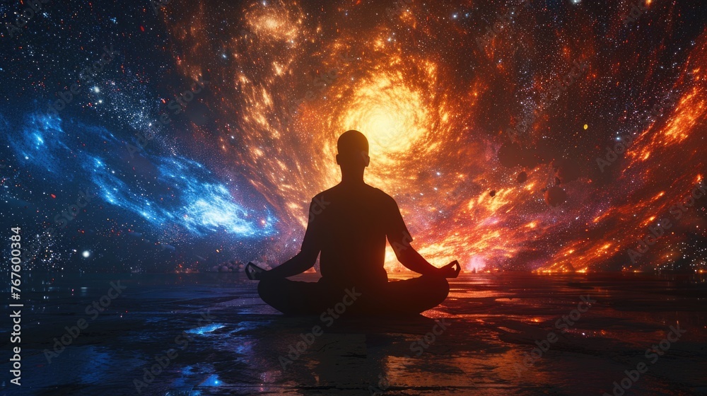 A person is meditating in front of a colorful galaxy. The person is in a lot of focus and is in a peaceful state