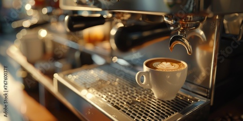 A coffee shop with a coffee machine and a white cup of coffee on the counter. The scene is bright and inviting