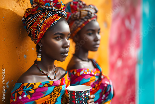 african young woman with a cup of coffee in her hand stands near a colored wall