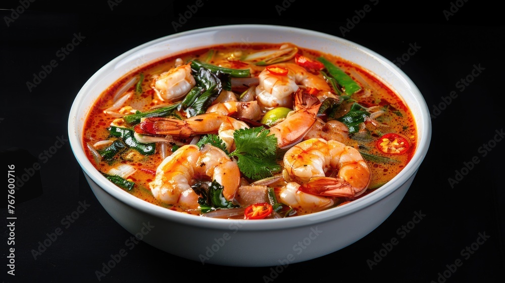 A bowl of shrimp soup with green vegetables. The soup is red and white in color
