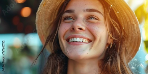 A woman with a straw hat on her head is smiling. She has a bright, happy expression on her face