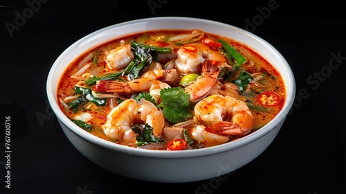 A bowl of shrimp soup with green vegetables. The soup is red and white in color
