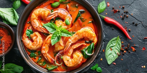 A bowl of shrimp and vegetables with a black background. The bowl is filled with shrimp and vegetables, and there is a lot of red sauce in it