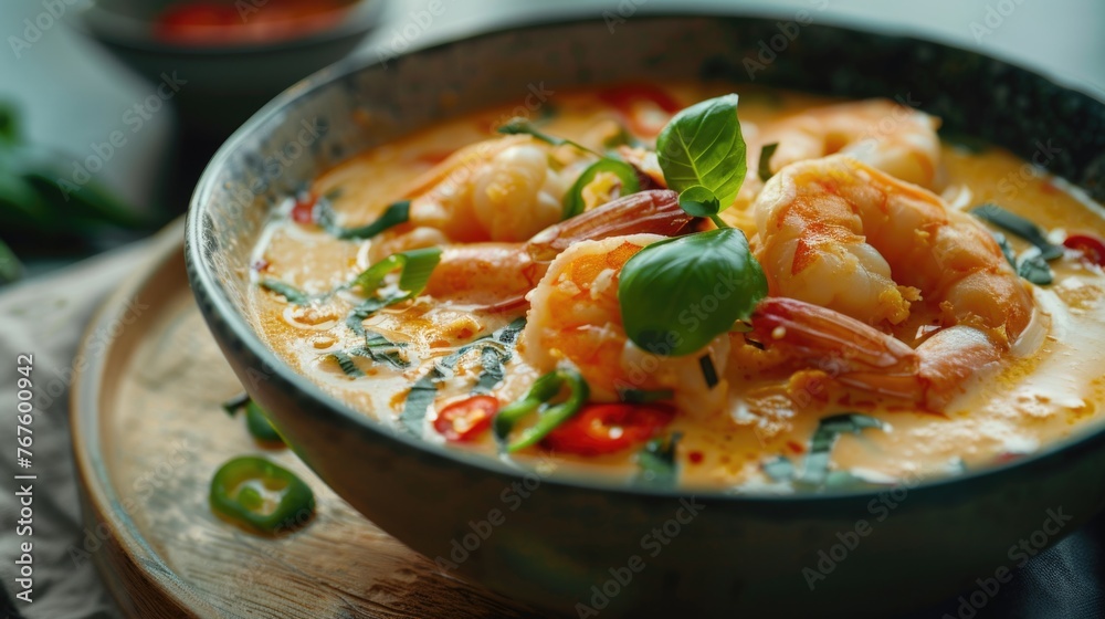 A bowl of shrimp soup with green herbs on top. The soup is creamy and has a rich, savory flavor. The bowl is placed on a wooden table, and there is a spoon nearby
