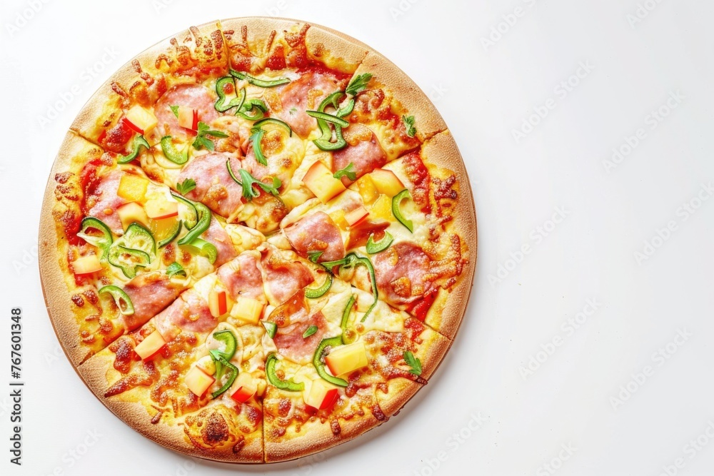 A pizza with pineapple and peppers on it. The pizza is cut into slices and is sitting on a white background