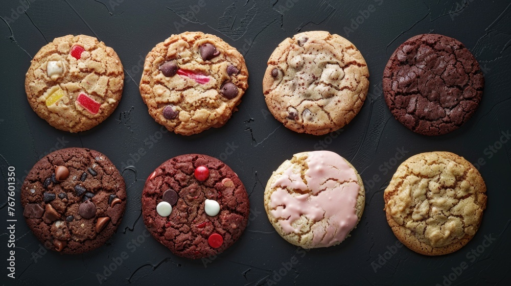 A row of cookies with different flavors and toppings. The cookies are arranged in a row on a black background A row of cookies with different flavors and toppings. The cookies are arranged in a row on a black background