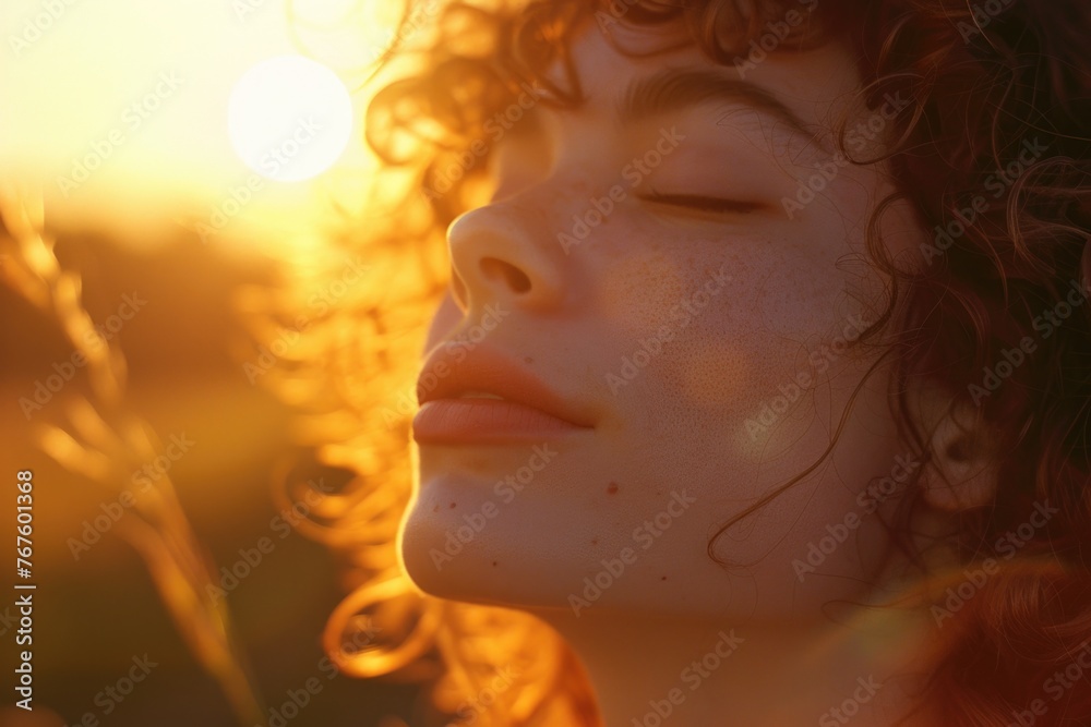 A woman with red hair and freckles is looking at the camera with a peaceful expression. The sun is shining brightly, casting a warm glow on her face. Concept of calm and relaxation