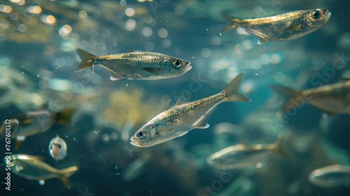 A group of fish swimming in a tank. The fish are small and silver. The tank is filled with water and bubbles