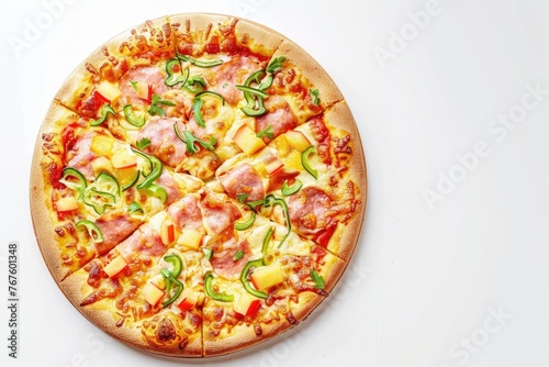 A pizza with pineapple and peppers on it. The pizza is cut into slices and is sitting on a white background