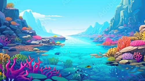 cartoon background Colorful aquatic scene with corals and rocks under a sunlit sky © chesleatsz