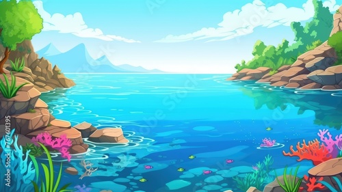 cartoon background Colorful aquatic scene with corals and rocks under a sunlit sky