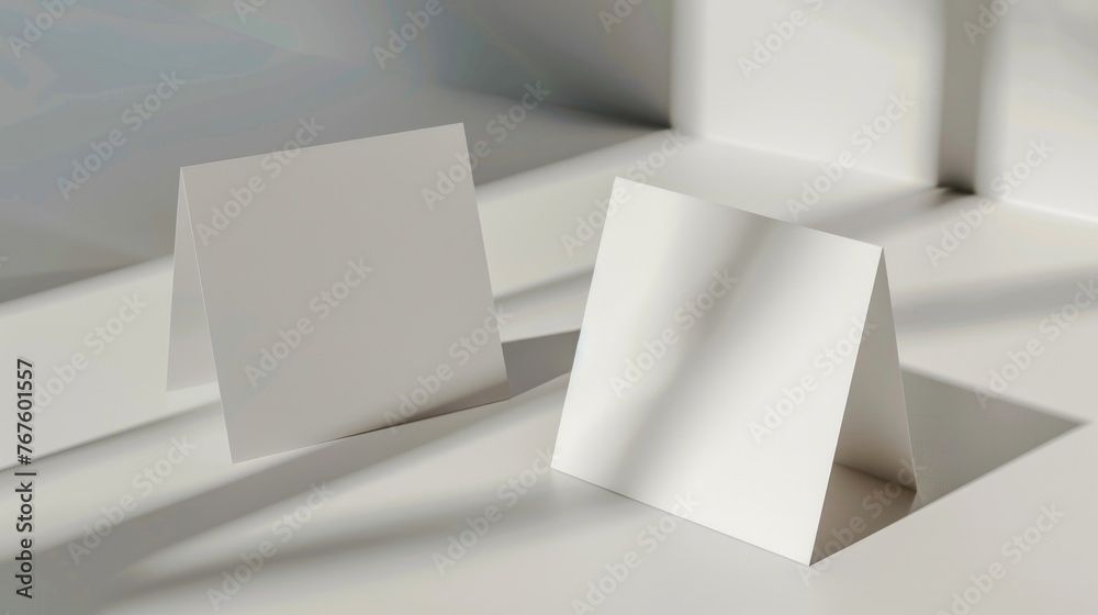 Two white cards are sitting on a table, one of which is folded in half. The cards are empty and appear to be blank, suggesting that they may be used for writing messages or notes. The scene is simple Two white cards are sitting on a table, one of which is folded in half. The cards are empty and appear to be blank, suggesting that they may be used for writing messages or notes. The scene is simple