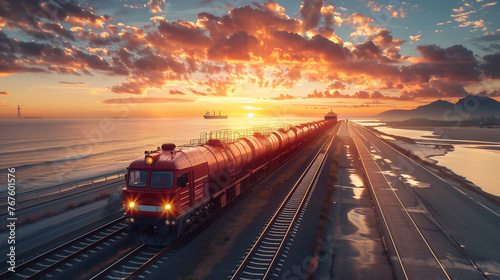 Transportation industry, freight train speeding by the bay in evening.