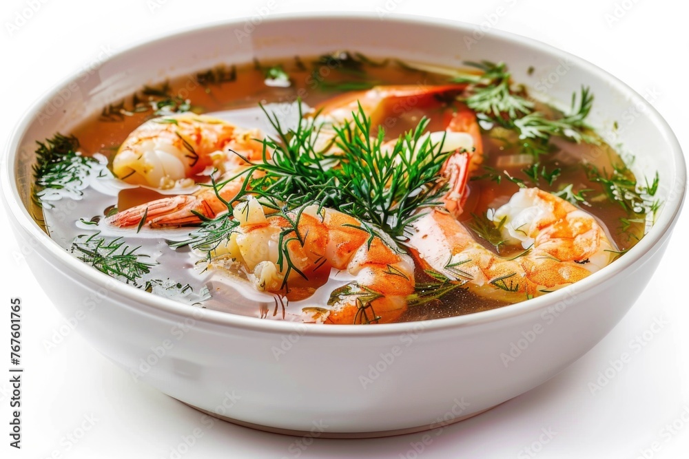 A bowl of soup with shrimp and dill. The soup is a rich, creamy color and the shrimp are cooked and floating in the broth. The dill adds a fresh, herbaceous flavor to the dish