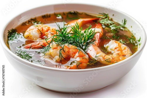 A bowl of soup with shrimp and dill. The soup is a rich, creamy color and the shrimp are cooked and floating in the broth. The dill adds a fresh, herbaceous flavor to the dish