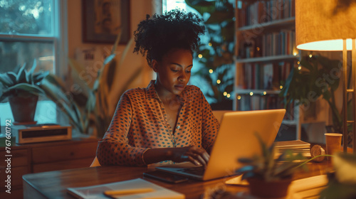 The home office buzzes with productivity as a black woman sits at her desk, composing emails and crafting website posts, while a freelance girl focuses on her laptop for remote work. photo