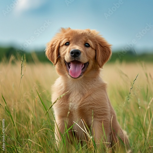 Dog Sitting in Tall Grass Field