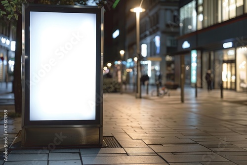 A large white billboard sits on a city sidewalk. The billboard is empty, with no text or images on it. The scene is set at night, with a few people walking by and a bicycle parked nearby