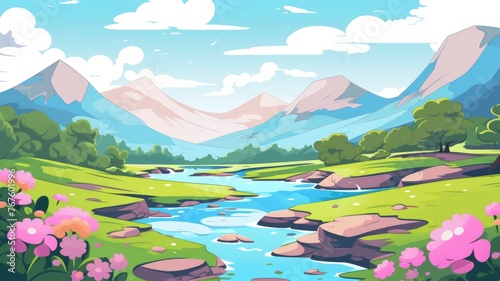 cartoon landscape with mountains, river, and blooming flowers under a clear sky