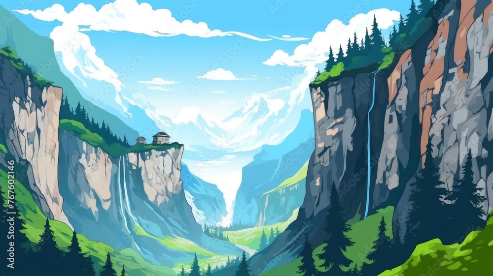 cartoon landscape with cliffs, greenery, and a house overlooking a valley