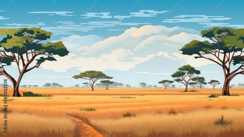 cartoon savannah scene with golden grass, distant trees, and a clear sky cartoon savannah scene with golden grass, distant trees, and a clear sky