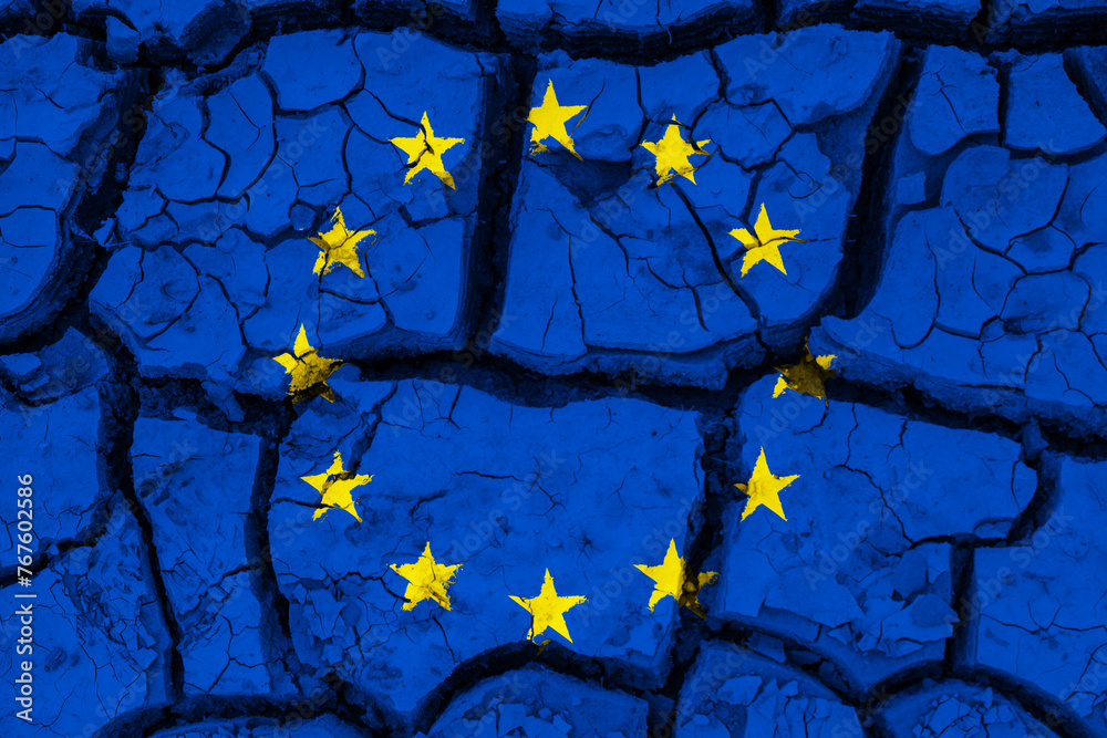 Dry soil pattern on the flag of European Union. Country with drought concept due to climate change. Water problem. Dry cracked earth country.