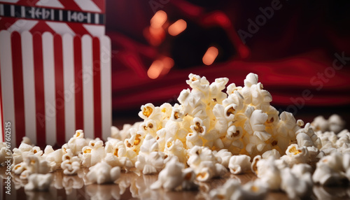 Movie clapper board and popcorn. Cinema movie theater object. Watching a movie or TV series at bioskop cinema