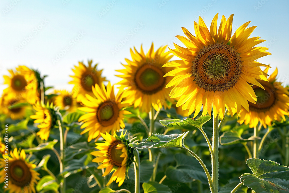 A field of sunflowers turning towards the sun, their bright yellow petals contrasted against a clear blue sky