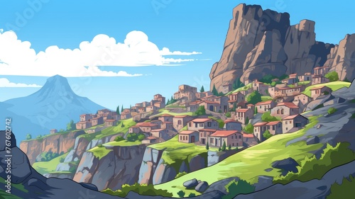 cartoon Quaint village atop cliffs with a mountainous horizon under a clear sky