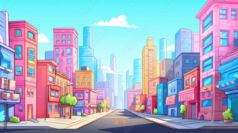  cartoon cityscape with colorful buildings and clear skies