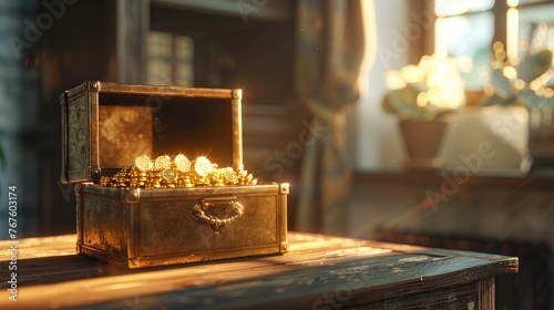 A 3D scene featuring a vintage safe box on a wooden table, golden ingots inside, bathed in soft light photo