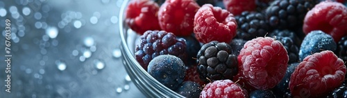 Freshly picked wild berries including blackberries, raspberries, and dewberries arranged in a glass bowl, with space around for your promotional content. photo