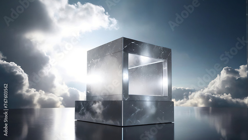 Silver Cube stone podium on clouds with heaven lights in the background, Monolith block