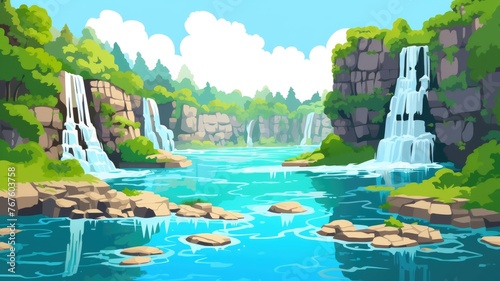 cartoon waterfall in a lush, rocky cliff