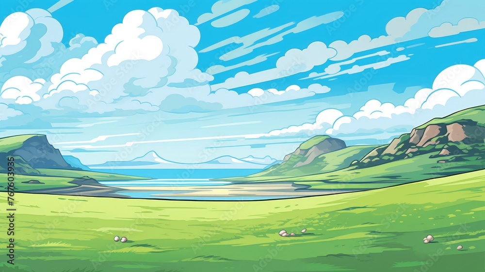 cartoon beach landscape with greenery, cliffs, and a vibrant blue ocean under a cloud-adorned sky