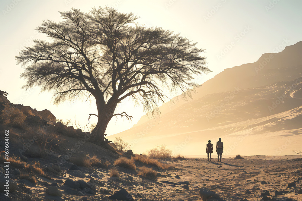 man and a woman walk through the desert near a tree. relationships between people in life