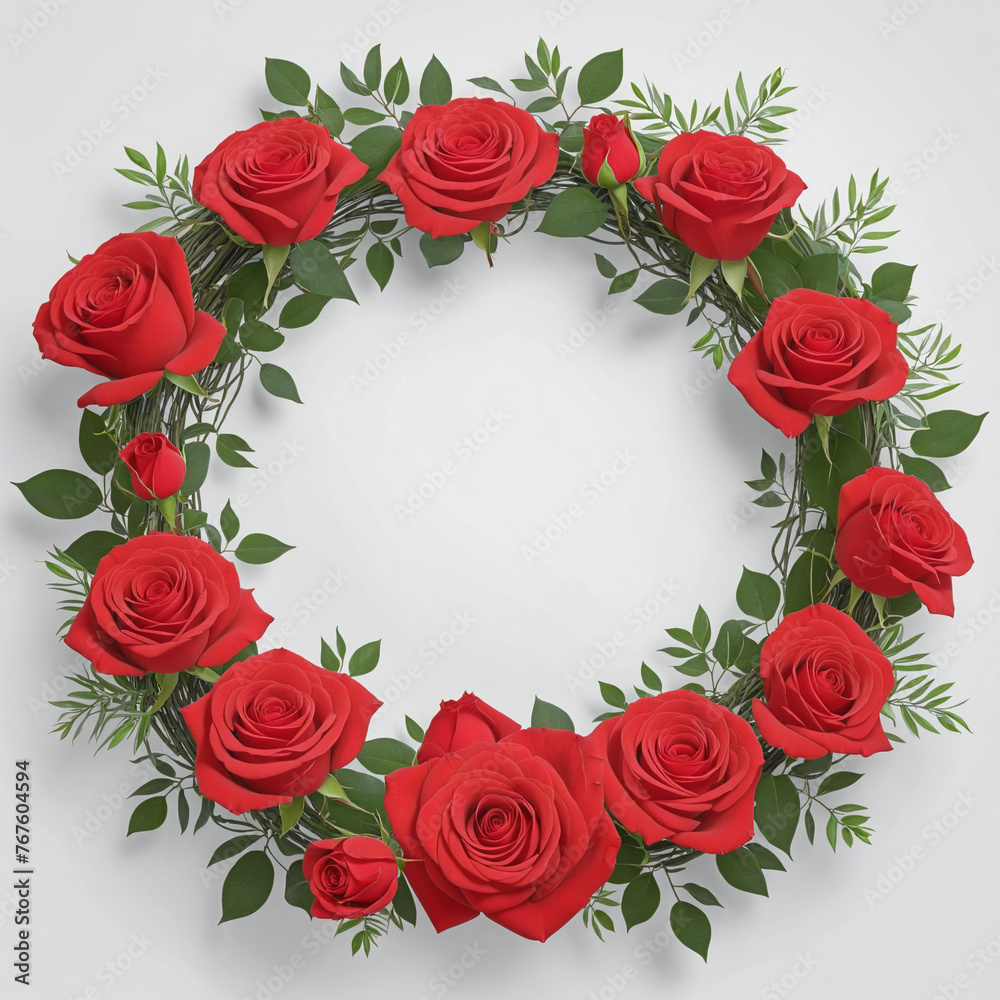 Bouquet of red rose flowers in wreath frame isolated on transparent background colorful background
