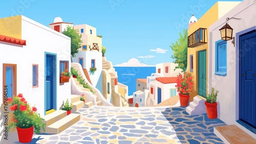 Colorful cartoon coastal town illustration with blooming flowers and sea view