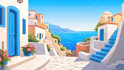 Colorful cartoon coastal town illustration with blooming flowers and sea view © chesleatsz