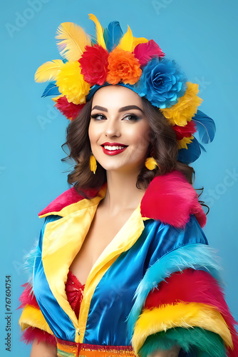 Portrait of a woman Happy woman in carnival  coloful costume on color background